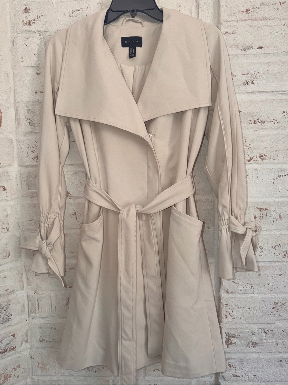 H by Halston Cascade Zip Front Trench Coat Beige Belted Sz 6
